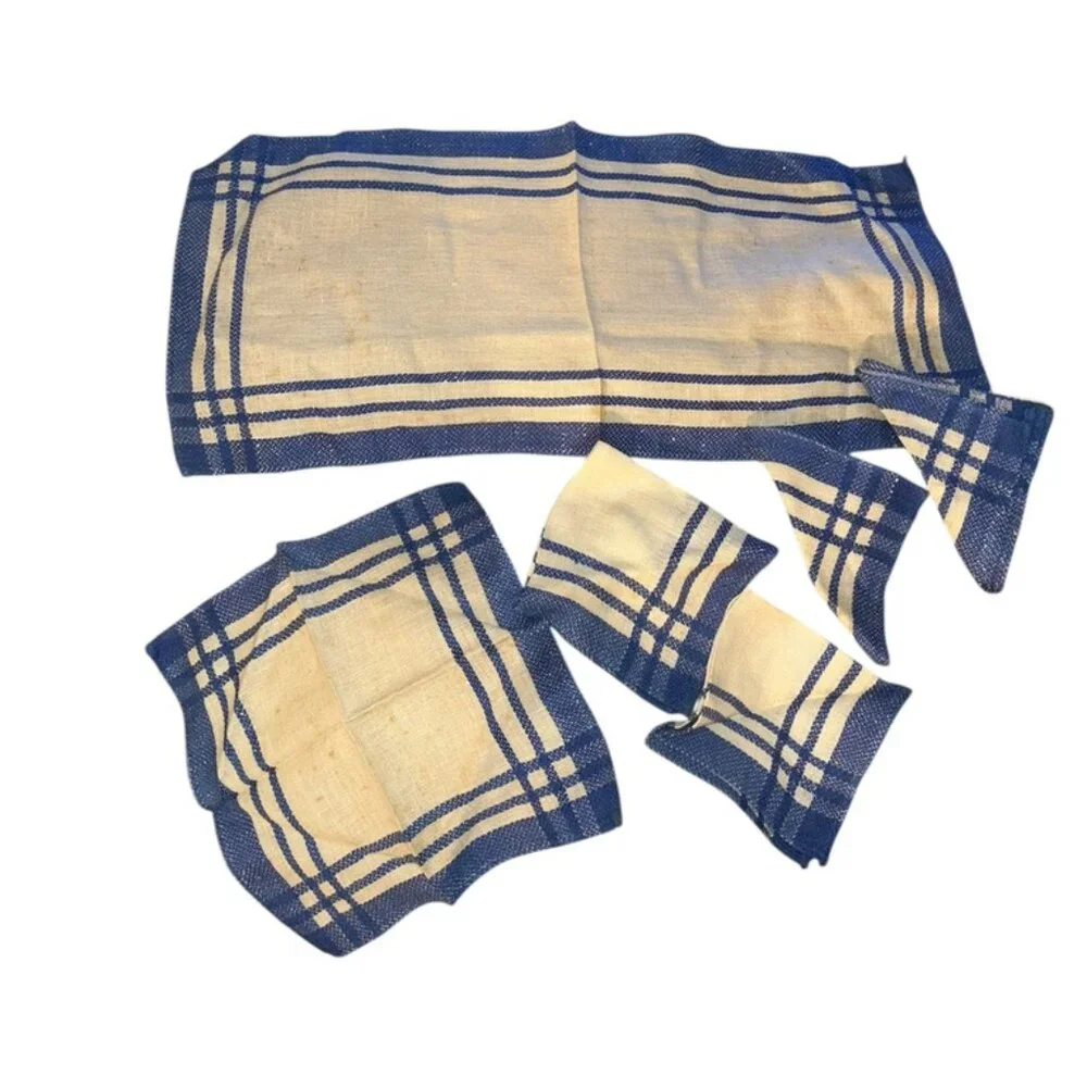 Vintage linens collection white blue stripe table piece cocktail 6 napkins